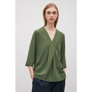 COS Womens Size 4 Green V-Neck Pleated Blouse Top Minimalist Contemporary Preppy